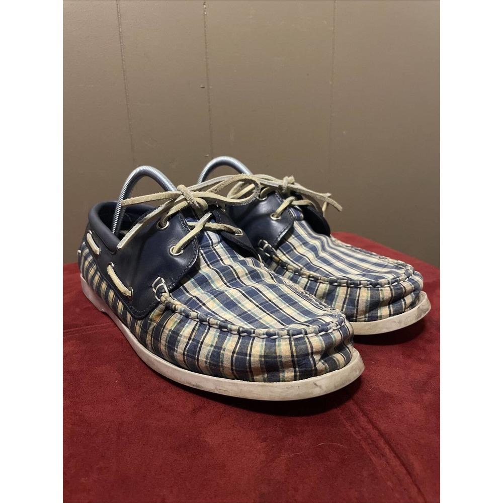 Brooks Brothers Blue Leather Madras Multi Plaid Fabric Boat Deck Shoes 10.5 D